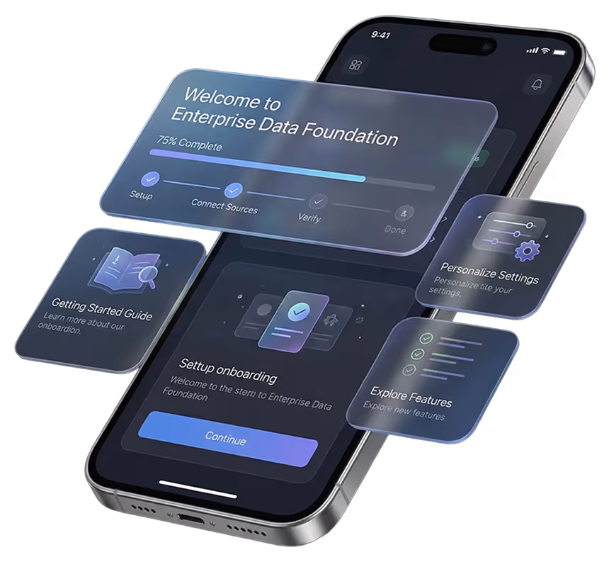 Smartphone screen showing an onboarding setup interface for Enterprise Data Foundation with progress steps, guide, personalization, and feature exploration options.