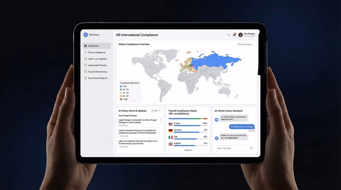 Tablet screen displaying an HR International Compliance dashboard with a world map color-coded by compliance risk score, AI policy alerts, payroll compliance status by country, and an AI-driven query assistant chat.