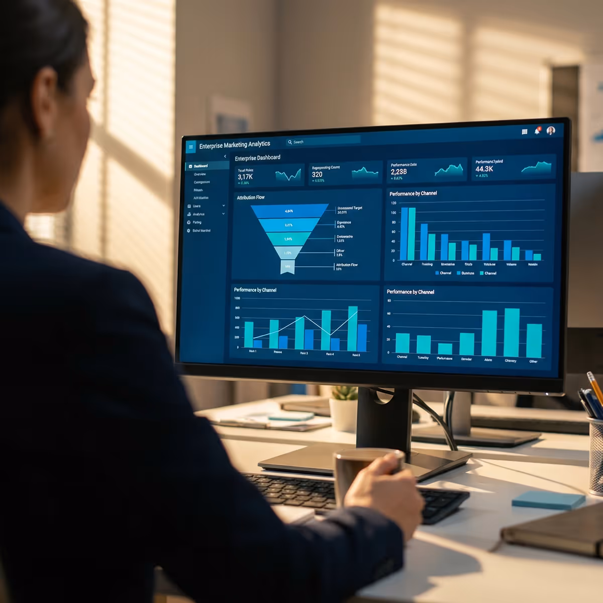Person in dark clothing holding a cup and looking at a computer screen displaying an enterprise marketing analytics dashboard with charts and graphs.
