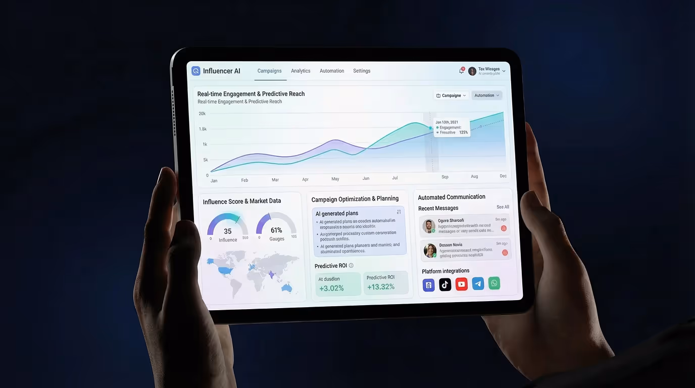 Tablet displaying Influencer AI dashboard with graphs, influence score, campaign planning, messages, and platform integrations.