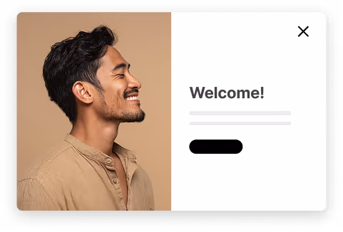 Side profile of a smiling man with dark hair wearing a beige shirt next to a welcome message box with an 'X' close icon.
