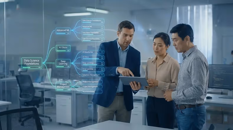 Three professionals in an office discussing data science foundations displayed as a digital mind map with topics like advanced ML, AI ethics, deep learning, and project management.