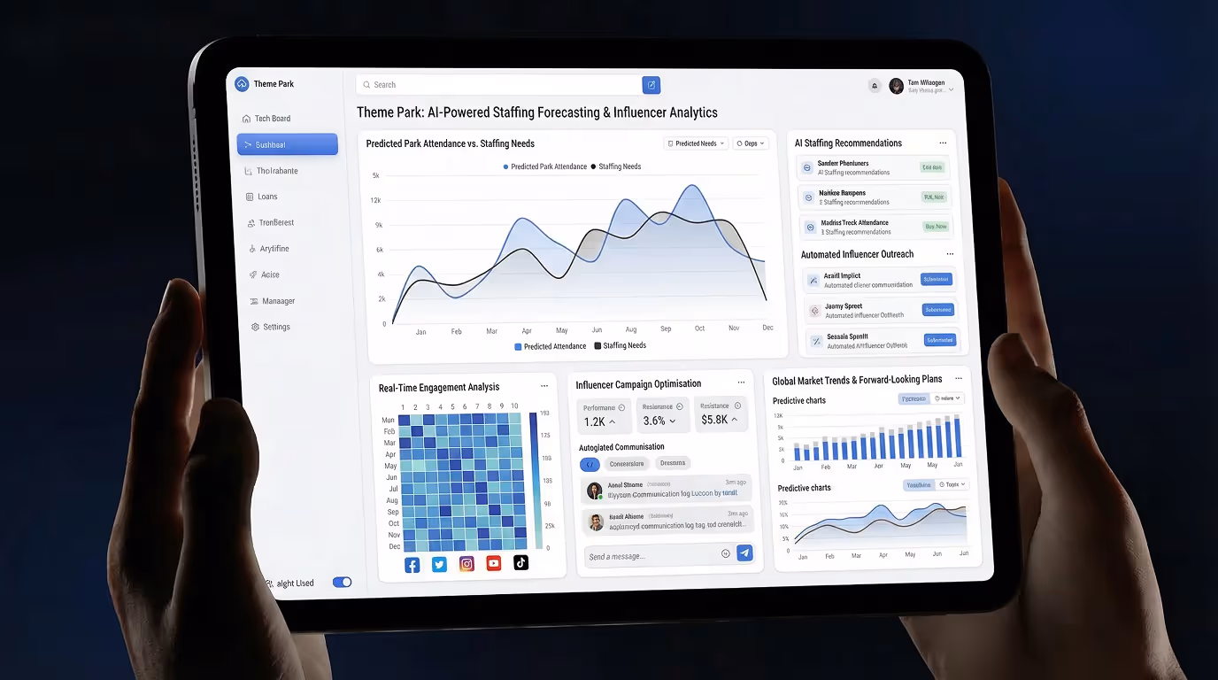 Tablet screen displaying an AI-powered staffing and influencer analytics dashboard for a theme park with charts, real-time engagement heatmap, staffing recommendations, and automated outreach.