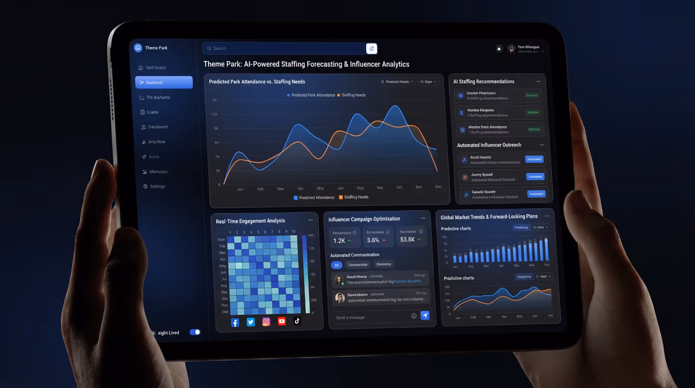 Tablet held by hands displaying a dark-themed dashboard for Theme Park AI staffing, featuring graphs of predicted attendance, staffing needs, engagement analysis, influencer campaign optimization, and market trends.