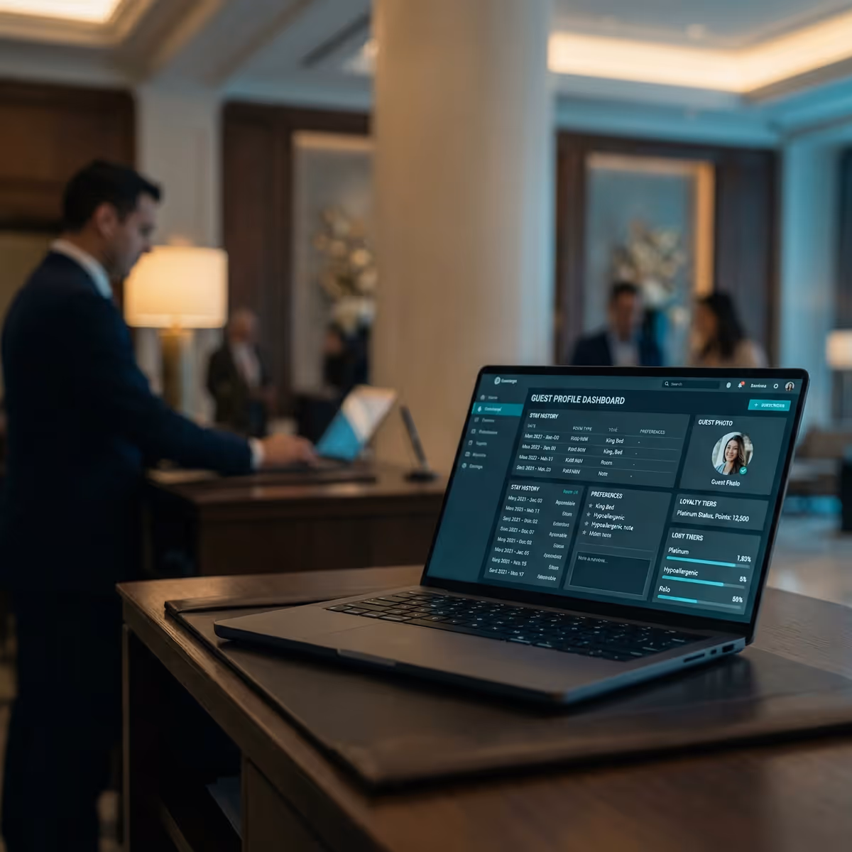 Laptop on desk displaying a guest profile dashboard in a hotel lobby with a man working in the background.