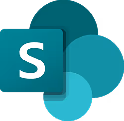 Microsoft SharePoint logo with an 'S' on a teal overlapping circular background.