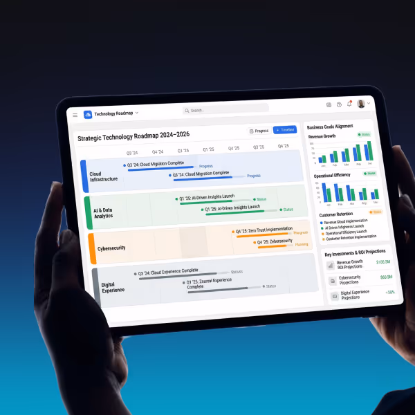 Tablet held by two hands displaying a Strategic Technology Roadmap 2024-2026 with timelines for Cloud Infrastructure, AI & Data Analytics, Cybersecurity, and Digital Experience, alongside charts for business goals alignment and key ROI projections.