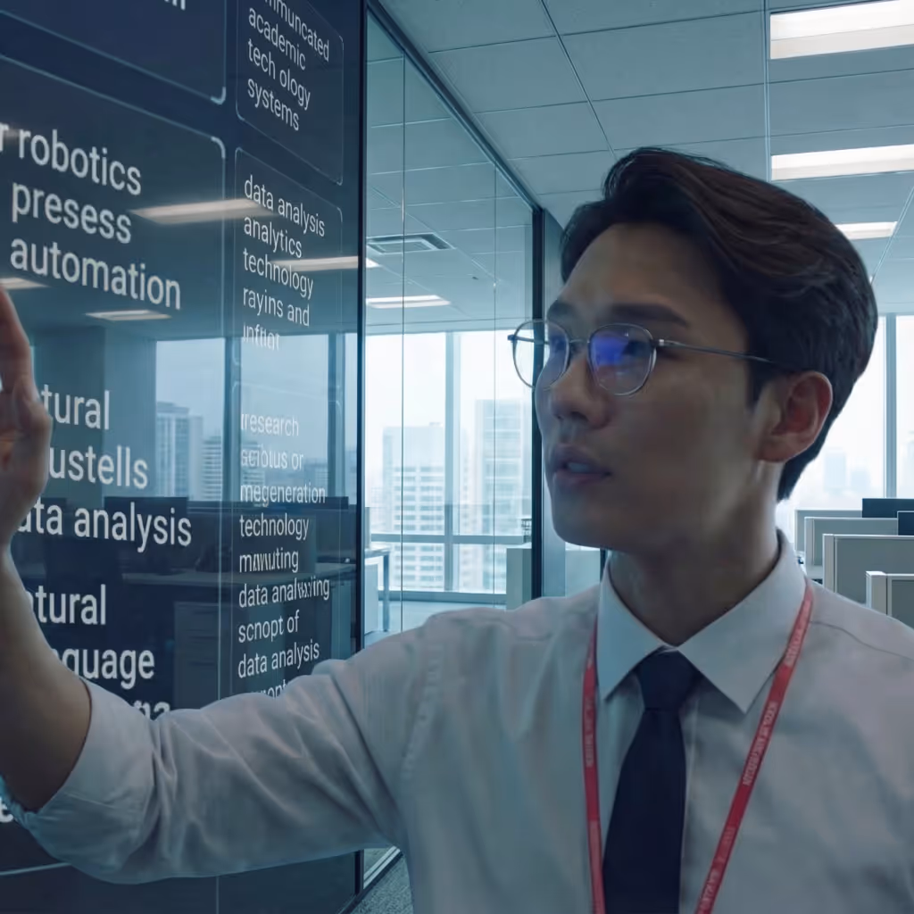 Man in glasses and business attire pointing at transparent screen with data analysis and technology terms in an office setting.