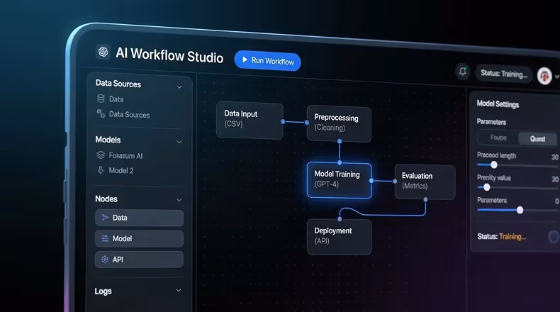 User interface of AI Workflow Studio showing a flowchart for data input, preprocessing, model training with GPT-4, evaluation, and deployment.