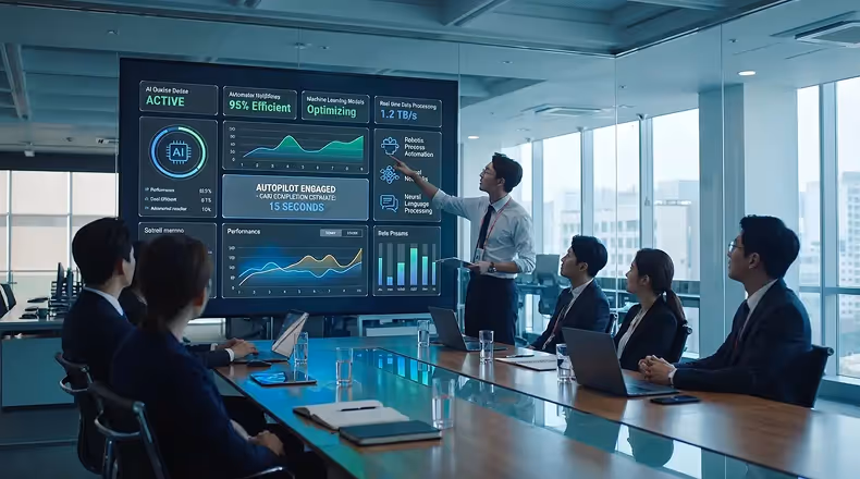 Business team attentively watching a man presenting AI performance data on a large screen in a modern conference room.