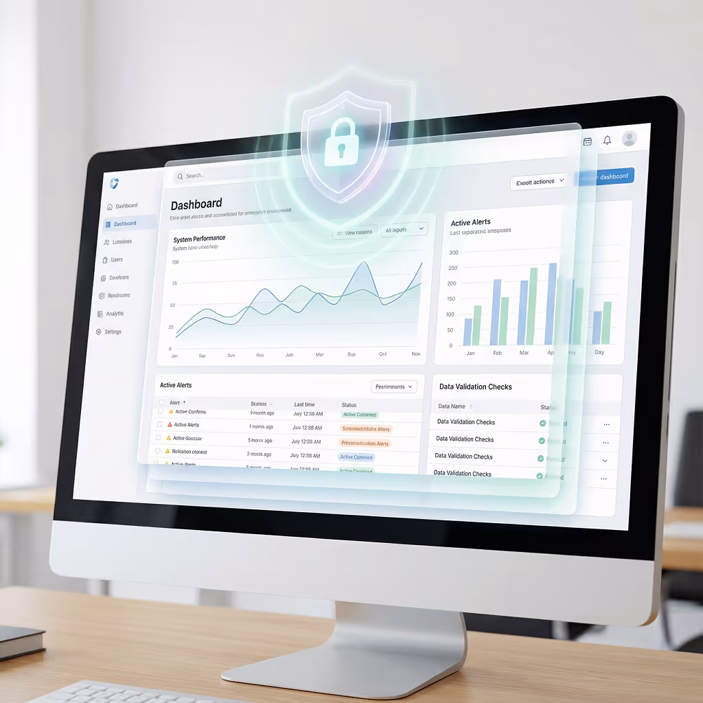 Computer monitor displaying a dashboard with system performance graphs, active alerts, and data validation checks, with a glowing security lock icon overlay.